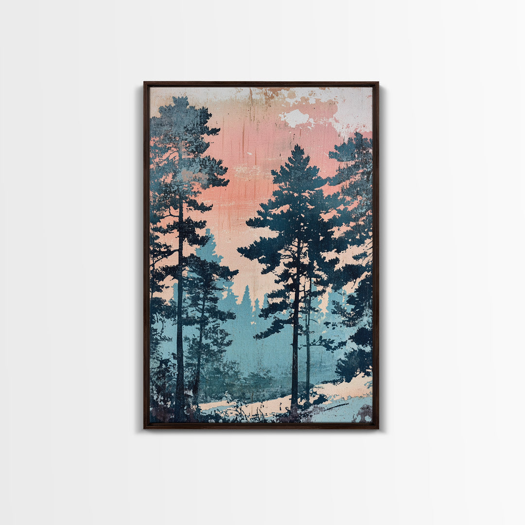 Misty Pine Forest Sunrise Wall Art, Pink Blue Nature Landscape Print, Scandinavian Decor, Calming Bedroom Or Office Decor