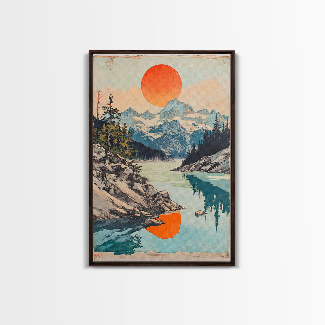 Alpine Lake And Snowy Mountains Wall Art, Orange Sun Landscape Print, Scandinavian Nature Decor, Large Canvas Print For Living Room