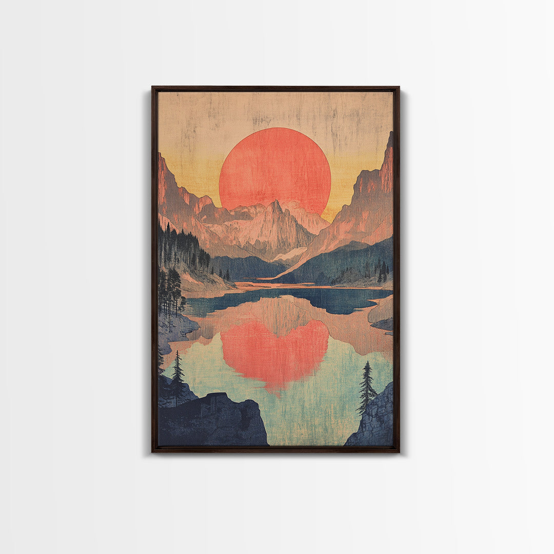Red Sun Mountain Lake Wall Art, Japanese Landscape Print, Retro Nature Poster, Scenic Living Room Decor, Large Canvas Art