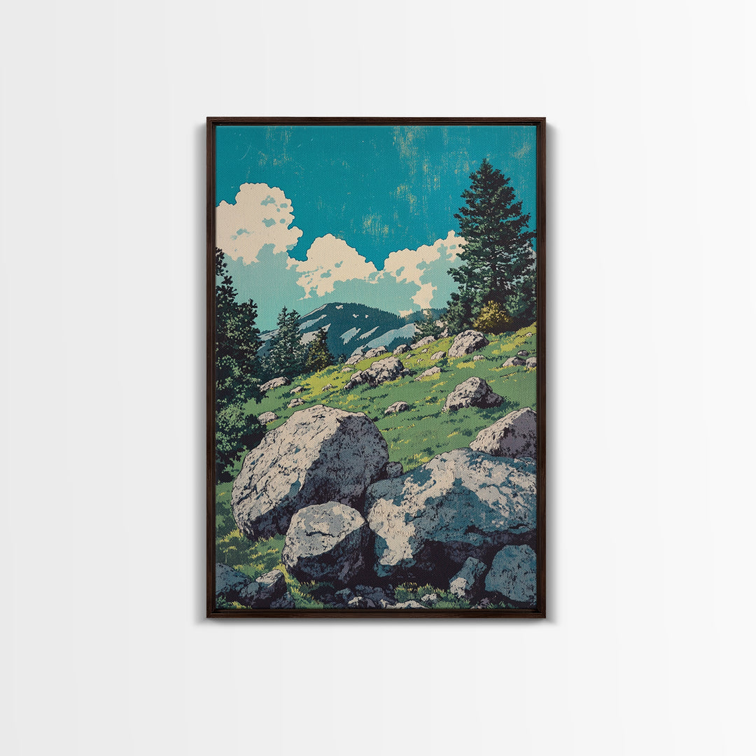 Alpine Meadow Boulder Wall Art, Mountain Landscape Print, Rustic Cabin Decor, Nature Poster, Large Canvas Art For Living Room