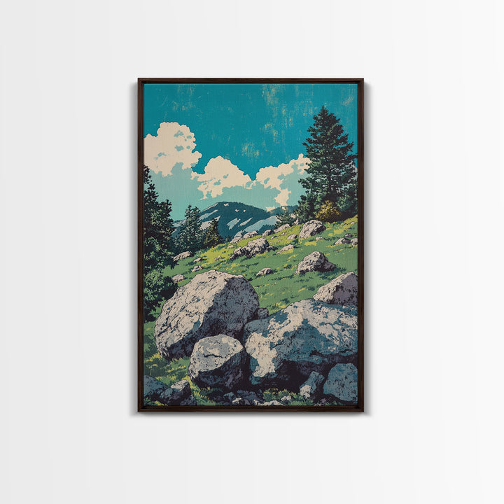Alpine Meadow Boulder Wall Art, Mountain Landscape Print, Rustic Cabin Decor, Nature Poster, Large Canvas Art For Living Room