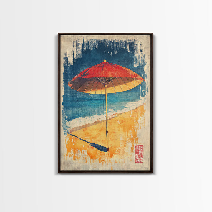 Red Beach Umbrella Canvas Print, Coastal Wall Art, Summer Beach House Decor, Tropical Ocean Poster, Bright Bathroom Wall Decor