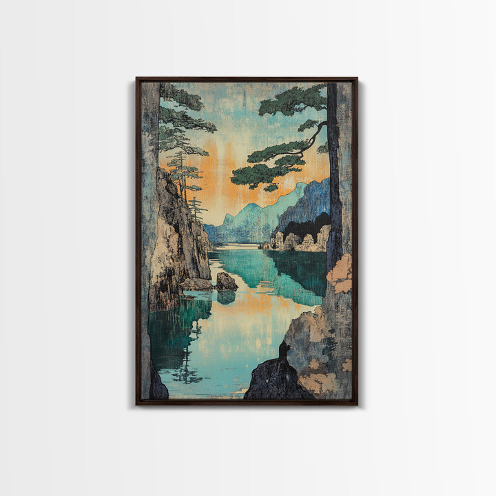 Turquoise Mountain Lake And Pine Cliffs Wall Art, Japanese Landscape Print, Serene Nature Decor, Japandi Calming Bedroom Art