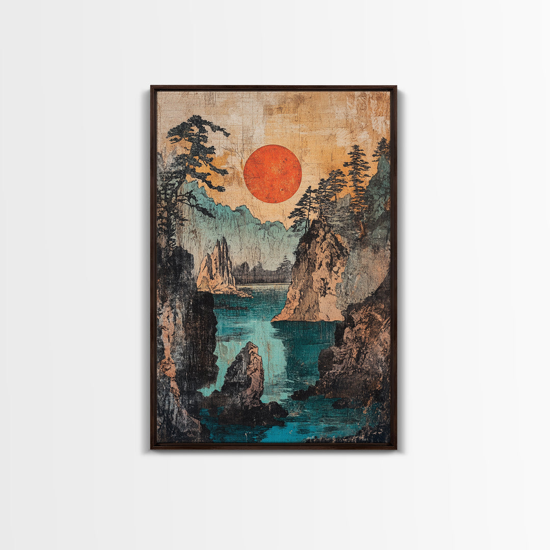 Red Sun Over Rugged Mountain Cove Framed Canvas Print, Japanese Landscape Art, Coastal Wall Decor, Large Living Room Art