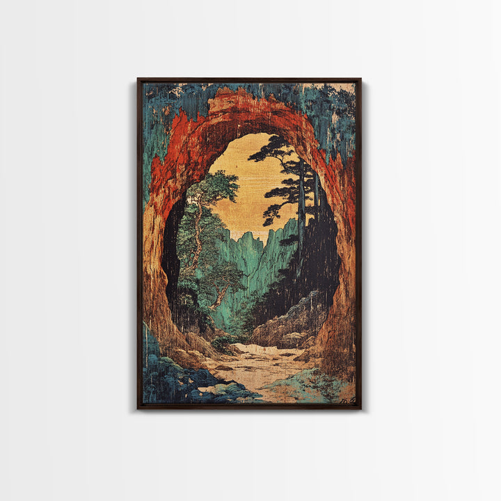 Cave Arch Forest Path And Mountain View Wall Art, Japanese Woodblock Style Print, Rustic Japandi Decor, Statement Artwork