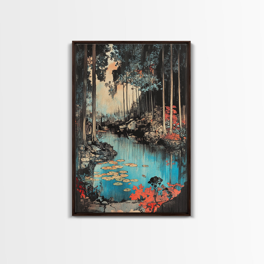 Forest Pond With Lily Pads And Red Foliage Canvas Print, Japanese Nature Wall Art, Moody Woodland Wall Decor For Bedroom