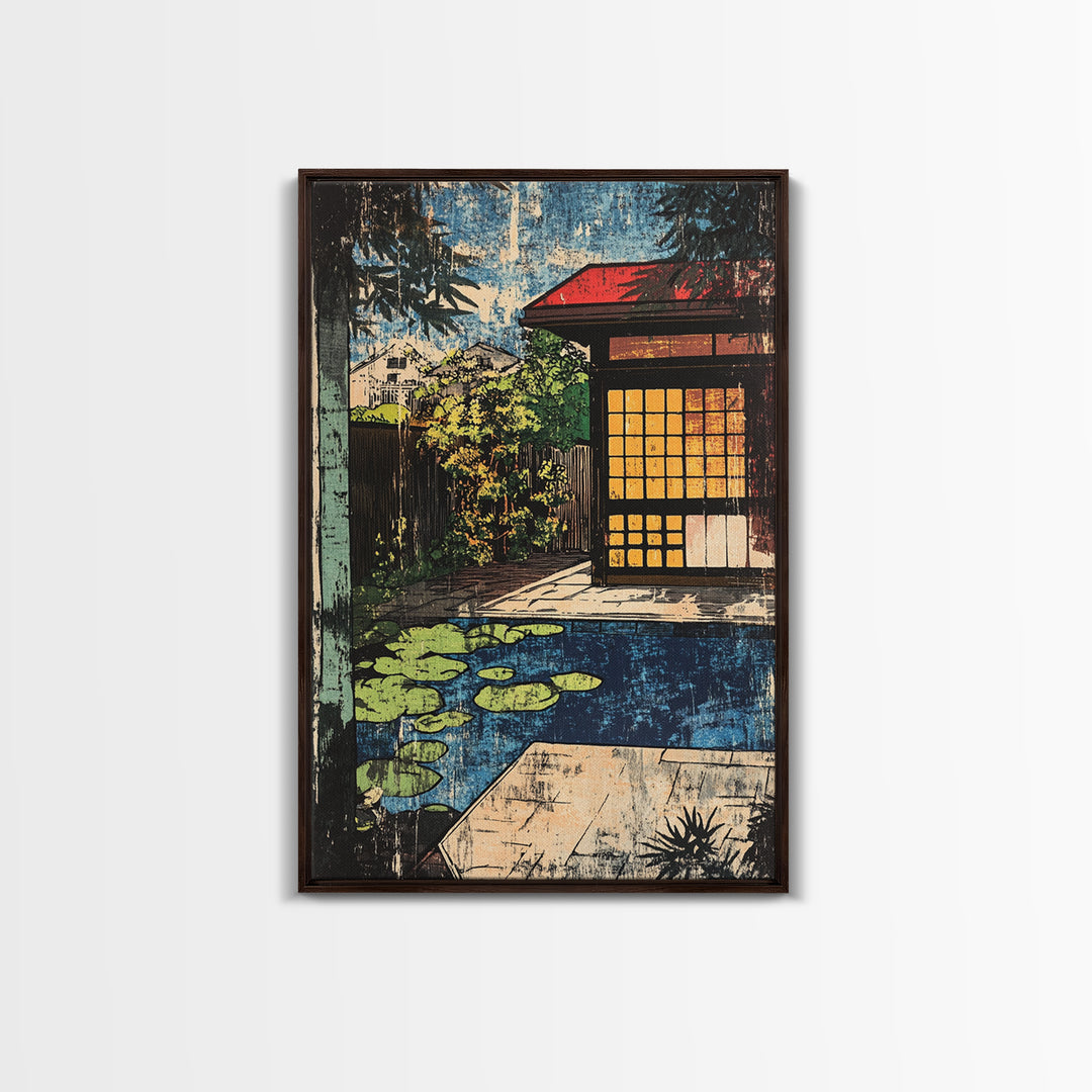 Japanese Tea House By Koi Pond And Glowing Garden Wall Art, Japandi Canvas Print, Zen Home Decor, Serene Living Room Decor