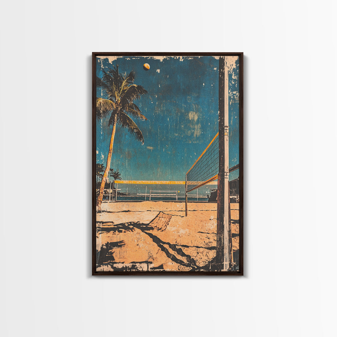 Beach Volleyball Court With Palm Tree And Ocean Wall Art, Tropical Coastal Canvas Print, Summer Decor For Modern Beach House