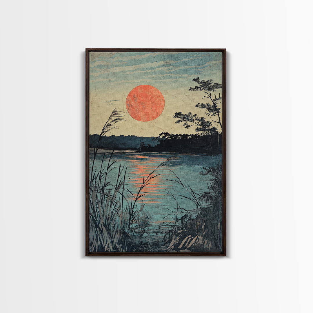 Quiet Lake Sunset With Reeds Wall Art, Japanese Landscape Canvas Print, Tranquil Coastal Decor, Serene Nature Fine Art Print