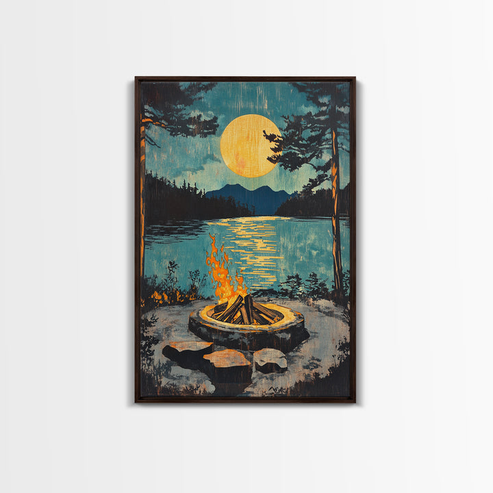 Campfire Moon Lake Canvas Print, Rustic Cabin Wall Art, Forest Landscape Poster, Cozy Camping Decor Gift For Him, Man Cave Decor