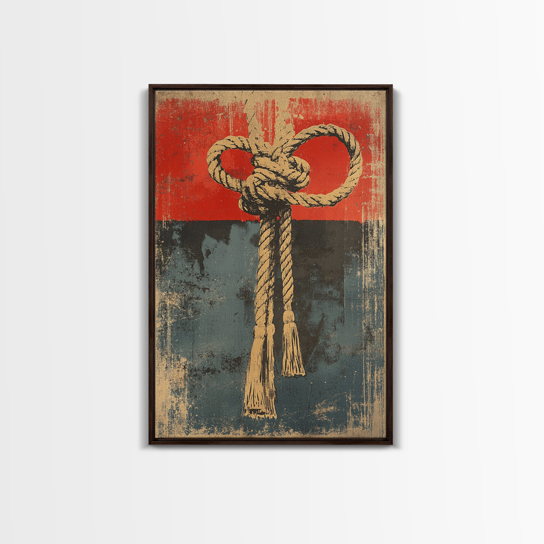 Nautical Rope Knot Canvas Print, Rustic Red And Blue Coastal Wall Decor, Maritime Art Print For Beach House And Man Cave