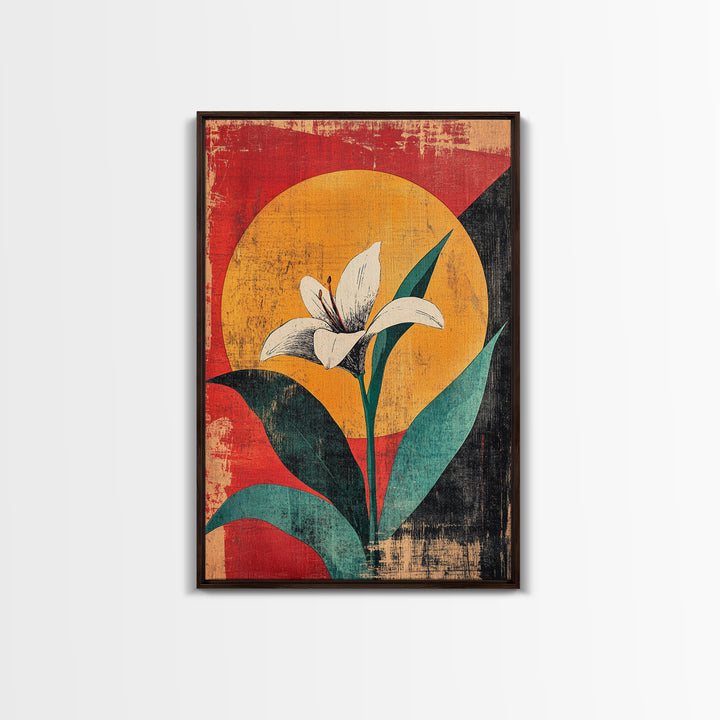 White Lily Flower Canvas Print, Bold Red Yellow Botanical Wall Decor, Mid Century Floral Art Print For Modern Living Room
