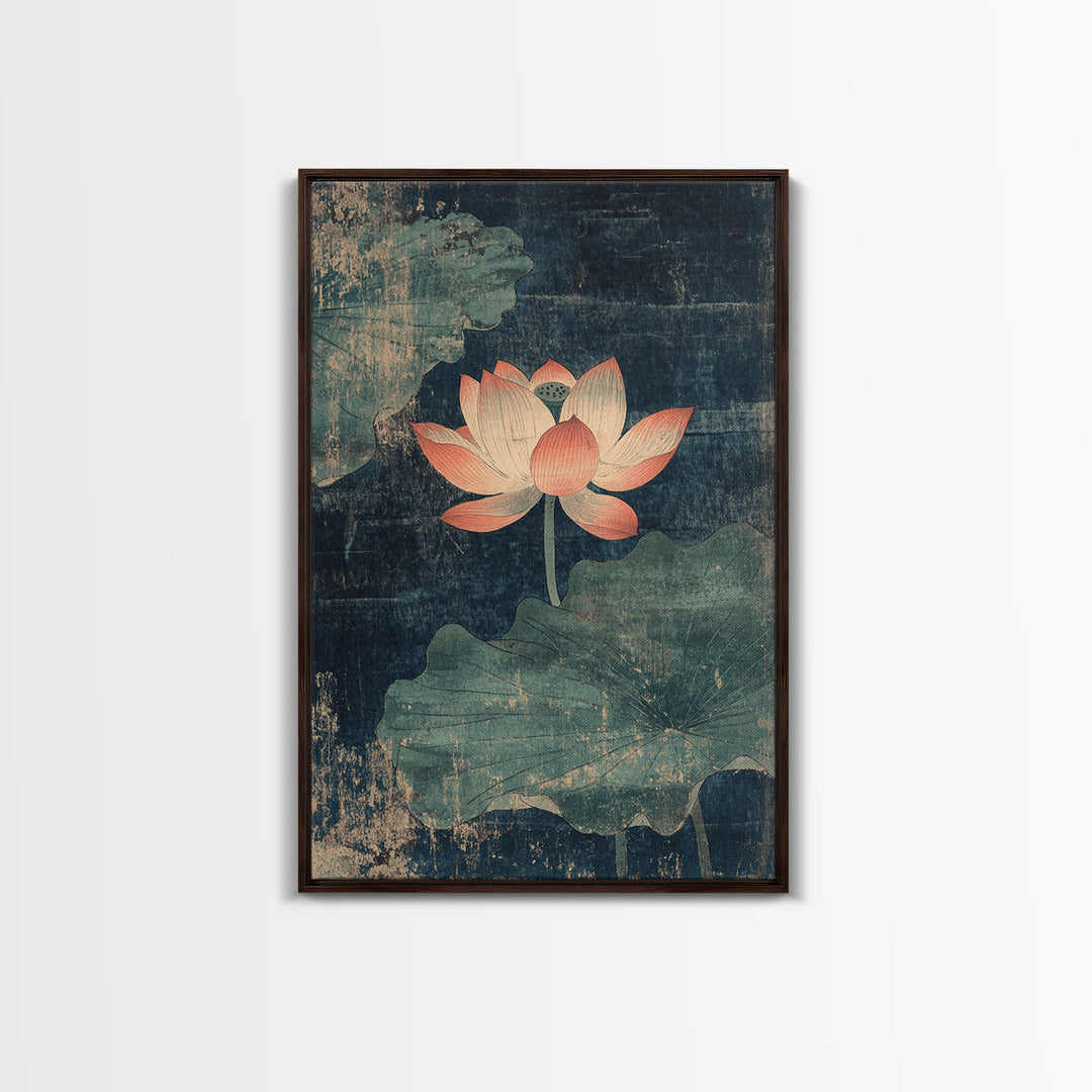 Pink Lotus Pond Wall Art, Dark Teal Botanical Canvas Print, Zen Water Lily Decor, Asian Inspired Spa And Meditation Room