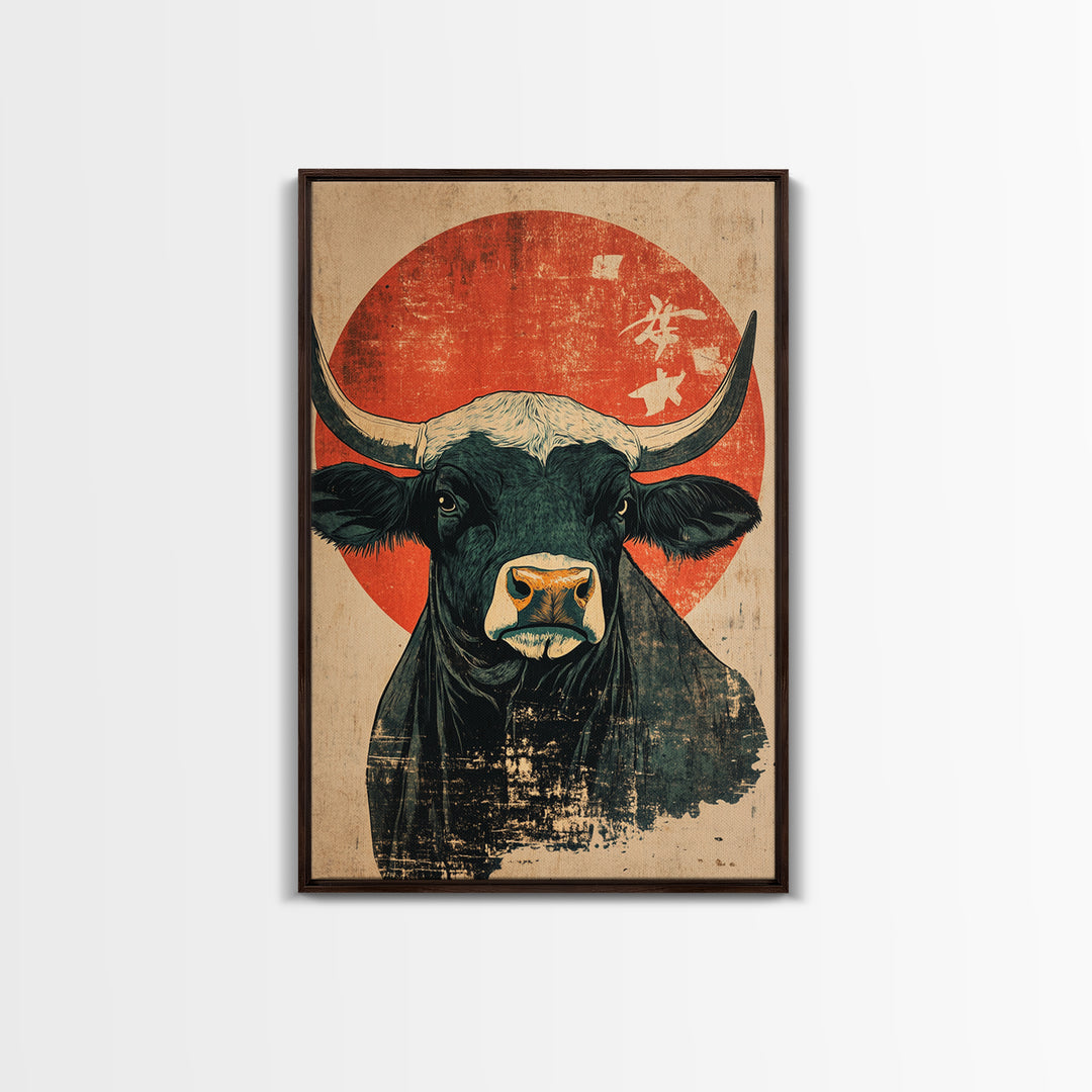 Black Bull Red Sun Canvas Print, Rustic Farm Animal Wall Art, Western Japandi Decor, Bold Kitchen Art, Housewarming Gift