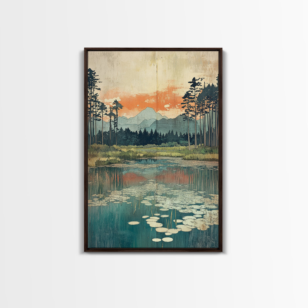 Mountain Lake Lily Pads Framed Canvas Print, Serene Landscape Wall Art, Japandi Nature Decor, Living Room Home Decor, Office Wall Art