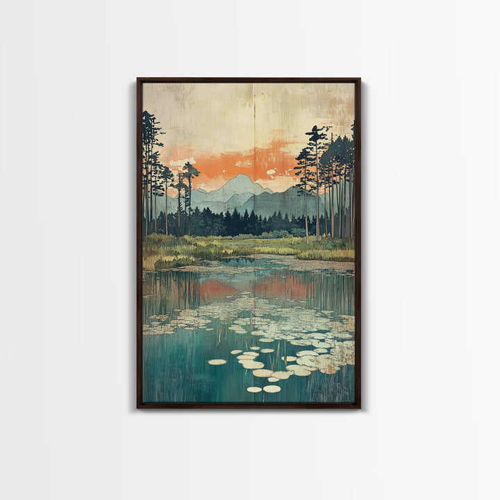 Mountain Lake Lily Pads Framed Canvas Print, Serene Landscape Wall Art, Japandi Nature Decor, Living Room Home Decor, Office Wall Art