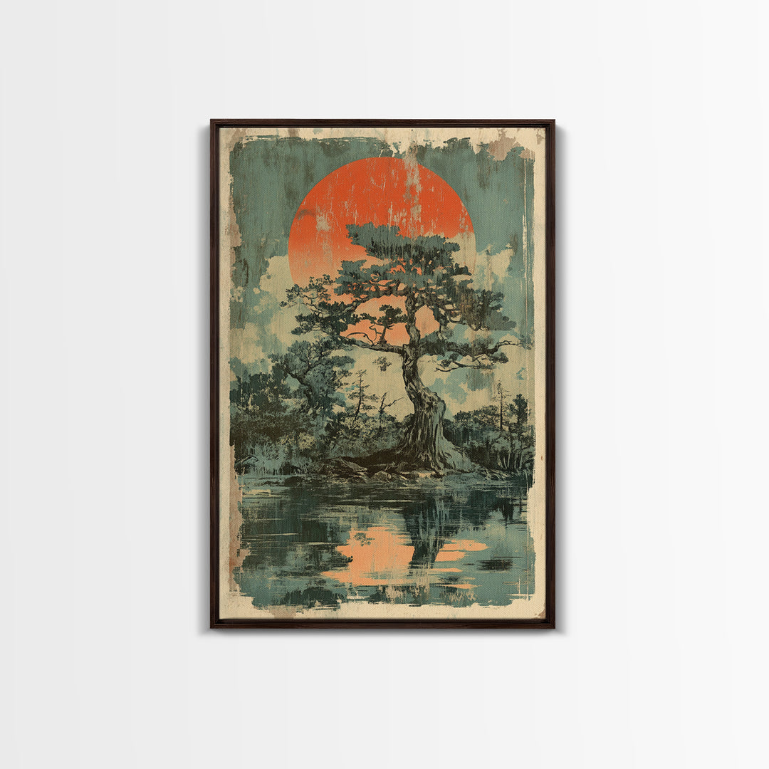 Pine Tree Island Red Sun Wall Art, Moody Japanese Landscape Print, Japandi Lake Decor, Serene Nature Framed Canvas Print
