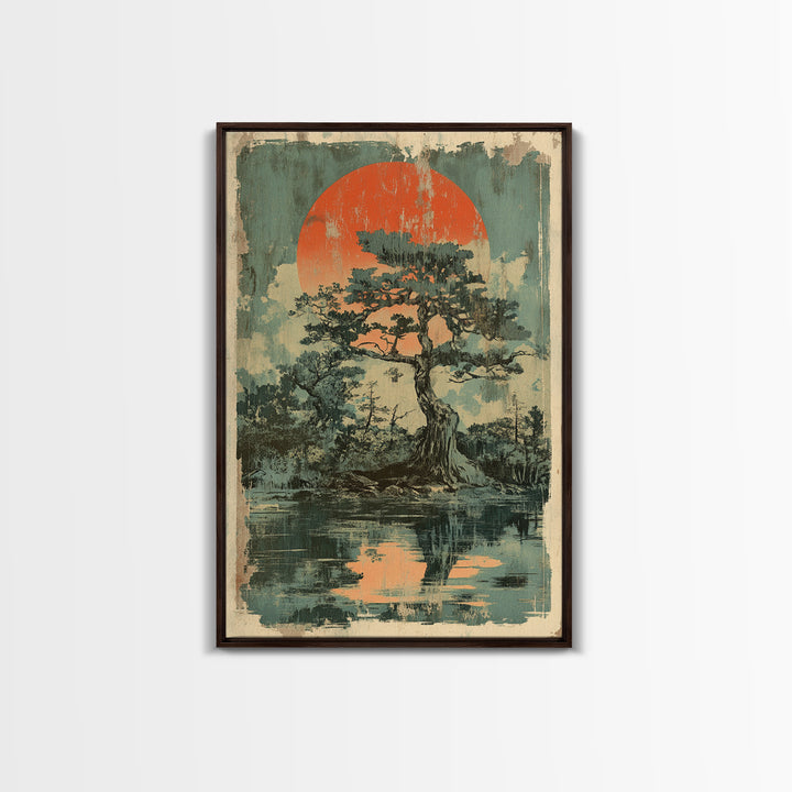 Pine Tree Island Red Sun Wall Art, Moody Japanese Landscape Print, Japandi Lake Decor, Serene Nature Framed Canvas Print