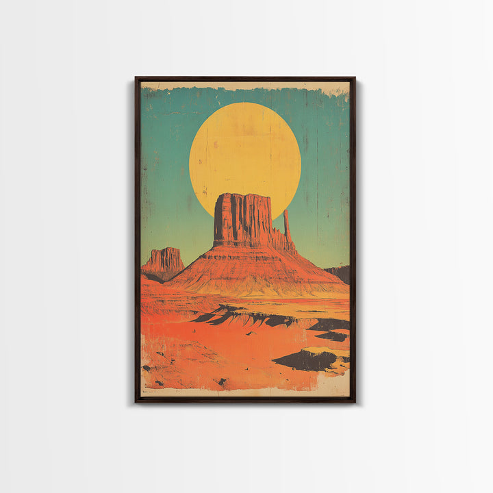 Desert Mesa With Golden Sun Canvas Print, Southwestern Wall Art, Retro Western Landscape Poster, Boho Earth Tone Decor Gift