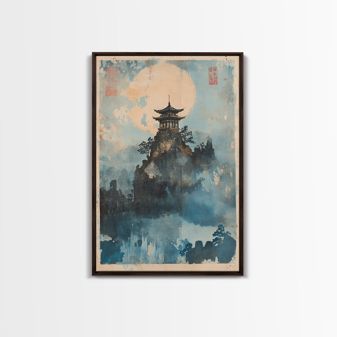 Misty Pagoda Moon Wall Art, Japanese Landscape Art Print, Zen Asian Wall Decor, Meditation Room Framed Canvas Print Gift