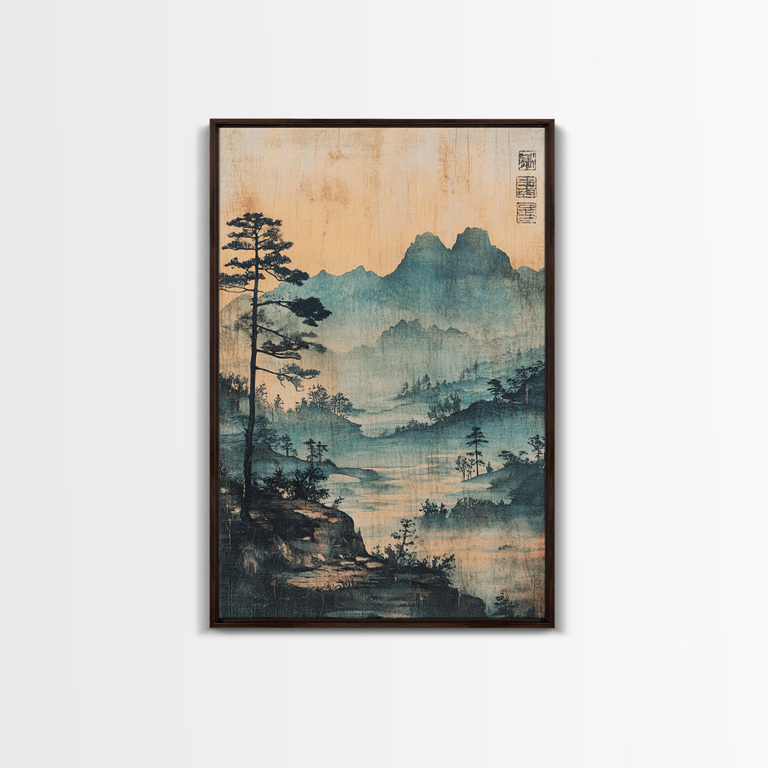 Blue Mist Mountain Landscape Wall Art, Japanese Ink Painting Print, Zen Nature Wall Decor, Japandi Living Room Decor Gift