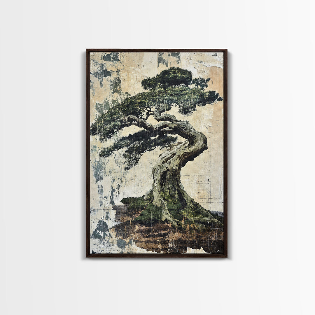 Twisted Windswept Bonsai Tree Wall Art, Japandi Nature Print, Zen Home Decor, Botanical Wall Decor, Framed Canvas Print, Office Decor