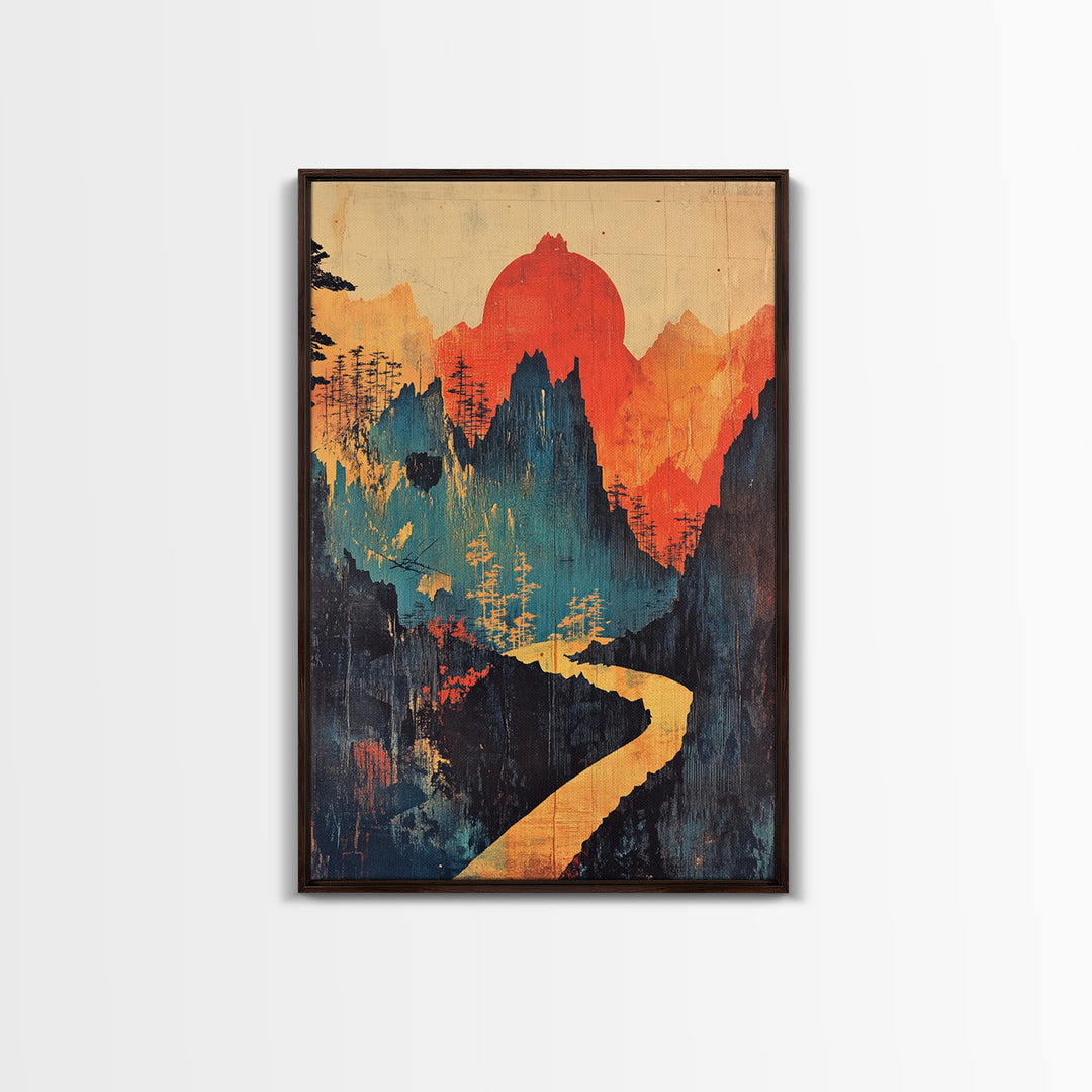 Red Sun Mountain River Wall Art, Abstract Landscape Print, Japandi Wall Decor, Organic Modern Art, Large Canvas Print, Statement Artwork