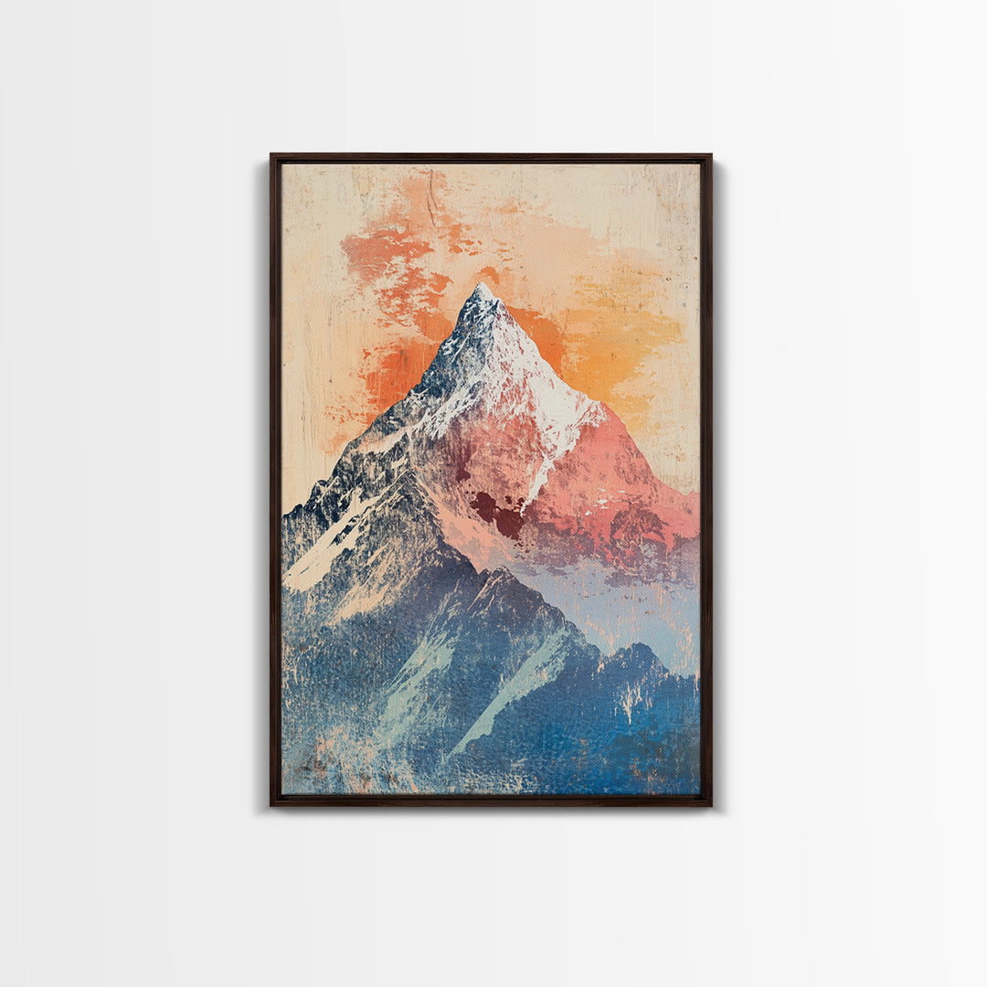 Snowy Alpine Mountain Peak Wall Art, Pastel Landscape Print, Nature Wall Decor, Bedroom Decor, Framed Canvas Print, Blue Bedroom Art