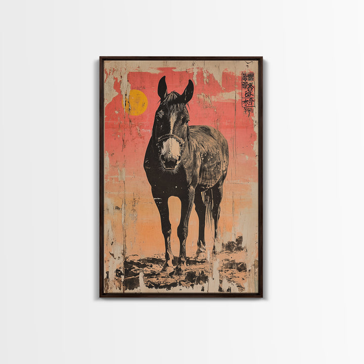 Black Horse Portrait At Sunset Framed Canvas Print, Equestrian Wall Art, Western Decor, Horse Lover Gift, Rustic Home Decor