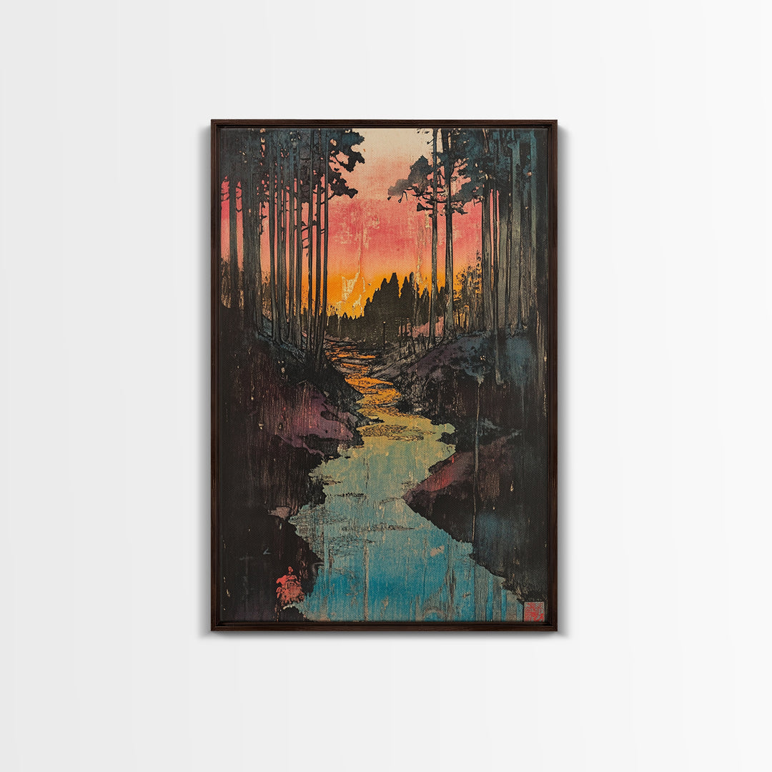 Sunset Forest River Canvas Print, Japanese Landscape Wall Art, Nature Wall Decor, Rustic Home Decor, Calming Living Room Art