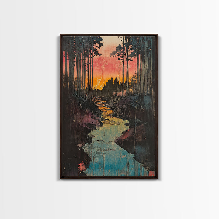 Sunset Forest River Canvas Print, Japanese Landscape Wall Art, Nature Wall Decor, Rustic Home Decor, Calming Living Room Art