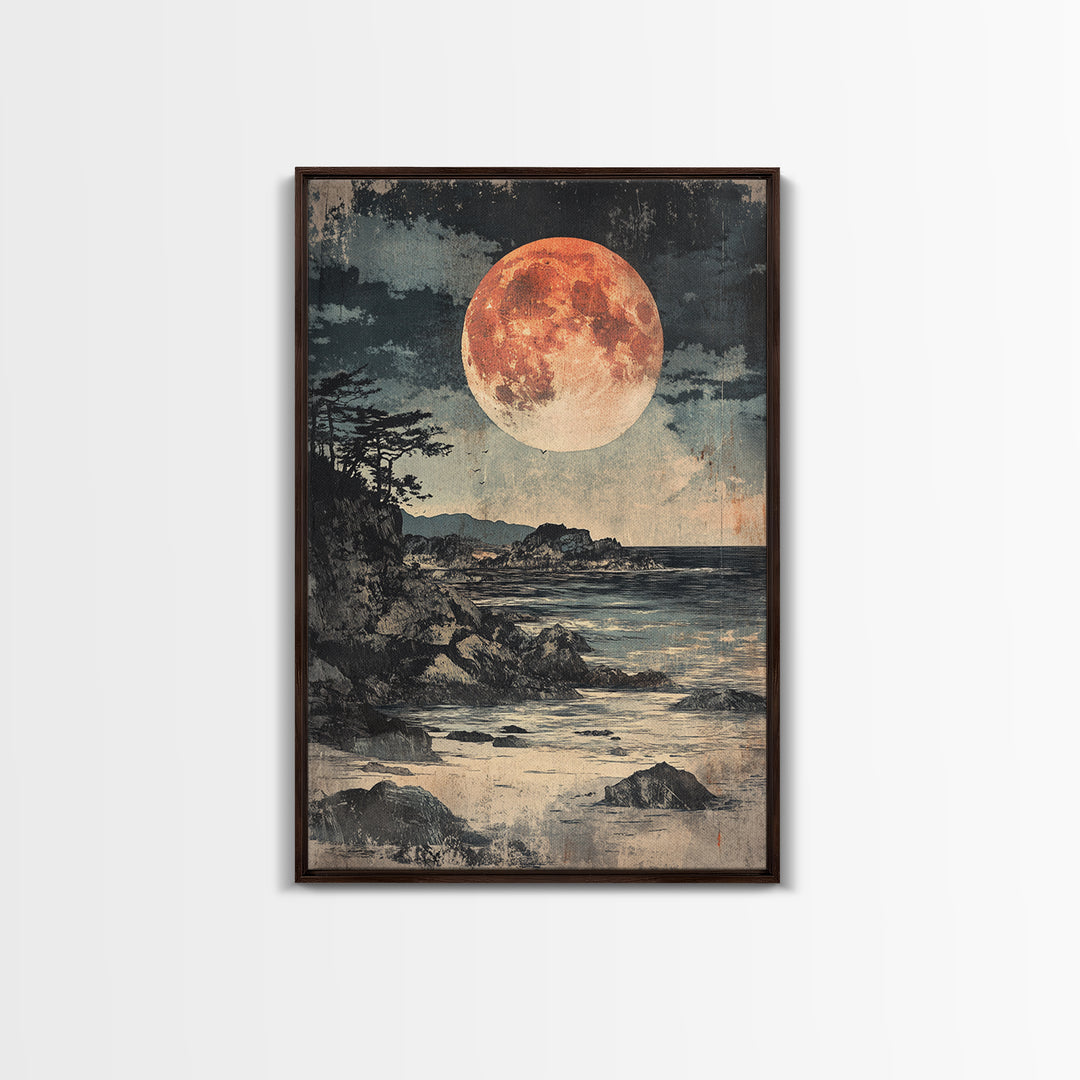 Full Moon Rocky Coast Canvas Print, Japanese Seascape Wall Art, Moody Wall Decor, Coastal Wall Art, Dark Academia Decor