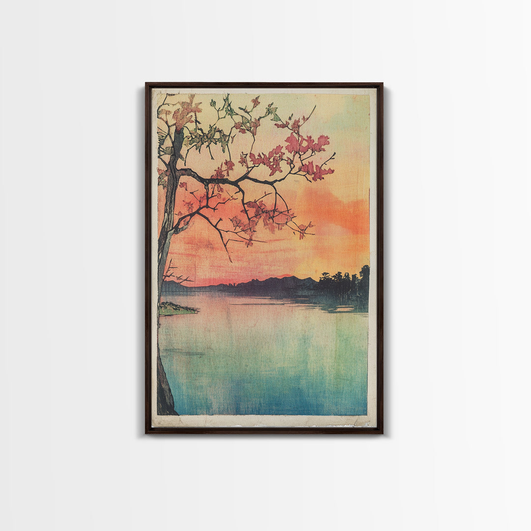 Cherry Blossom Lake Wall Art, Japanese Sunset Canvas Print, Serene Landscape Decor, Pink Floral Art, Bedroom Wall Decor Print