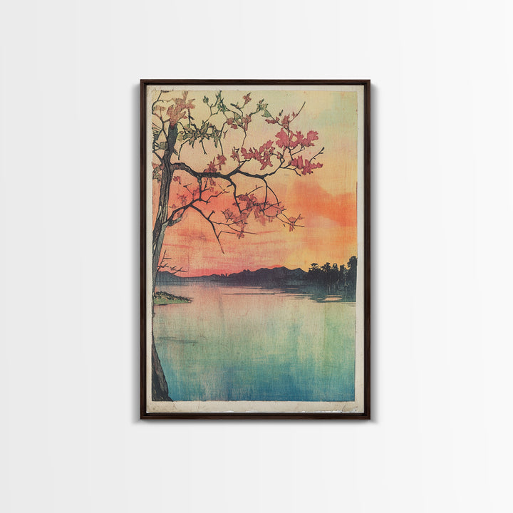 Cherry Blossom Lake Wall Art, Japanese Sunset Canvas Print, Serene Landscape Decor, Pink Floral Art, Bedroom Wall Decor Print