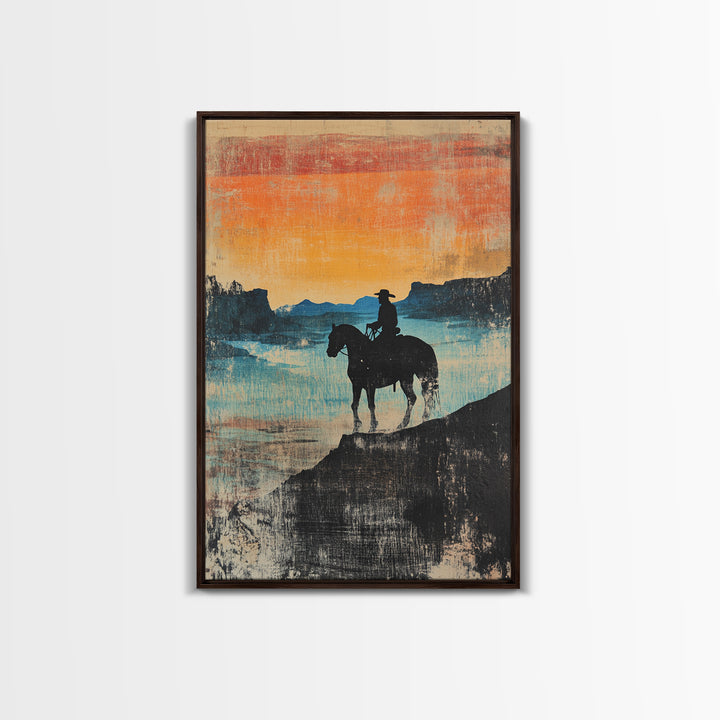 Cowboy Canyon Sunset Wall Art, Western Horse Canvas Print, Rustic Landscape Decor, Southwestern Art, Gift For Him, Living Room Decor