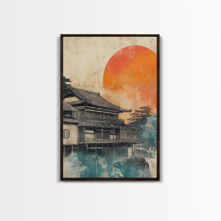 Japanese Tea House Framed Canvas Print, Orange Sun Wall Art, Ukiyo E Landscape Decor, Japandi Art, Modern Living Room Decor