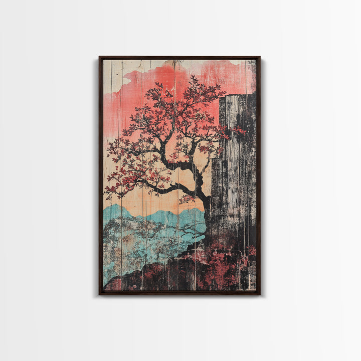 Cherry Blossom Waterfall Wall Art, Japanese Landscape Canvas Print, Pink Mountain Decor, Japandi Wall Decor, Large Art Print