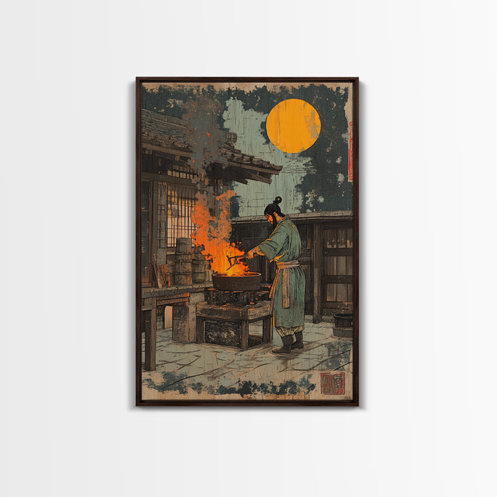 Japanese Blacksmith Night Wall Art, Moonlit Forge Canvas Print, Samurai Inspired Decor, Dramatic Ukiyo E Style Art Print