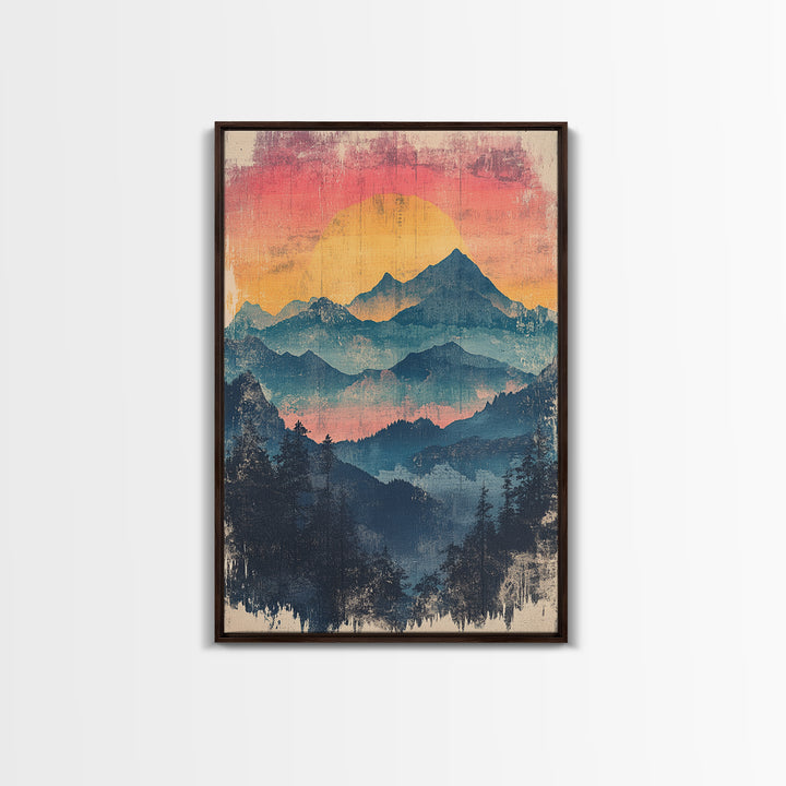 Misty Blue Mountain Sunset Wall Art, Layered Forest Landscape Print, Rustic Cabin Decor, Large Nature Living Room Art Gift