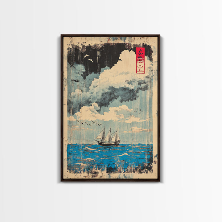 Sailboat Under Moonlit Clouds Canvas Print, Japanese Nautical Wall Art, Ocean Seascape Decor, Coastal Gift For Him And Her