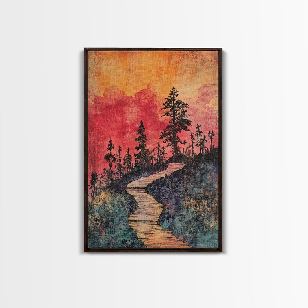 Winding Forest Path At Sunset Wall Art, Pink Orange Landscape Print, Rustic Cabin Decor, Cozy Nature Art For Bedroom Gift