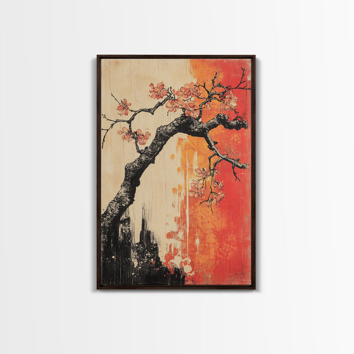 Cherry Blossom Branch Canvas Print, Japanese Floral Wall Art, Red Orange Botanical Decor, Japandi Living Room Art Gift Print