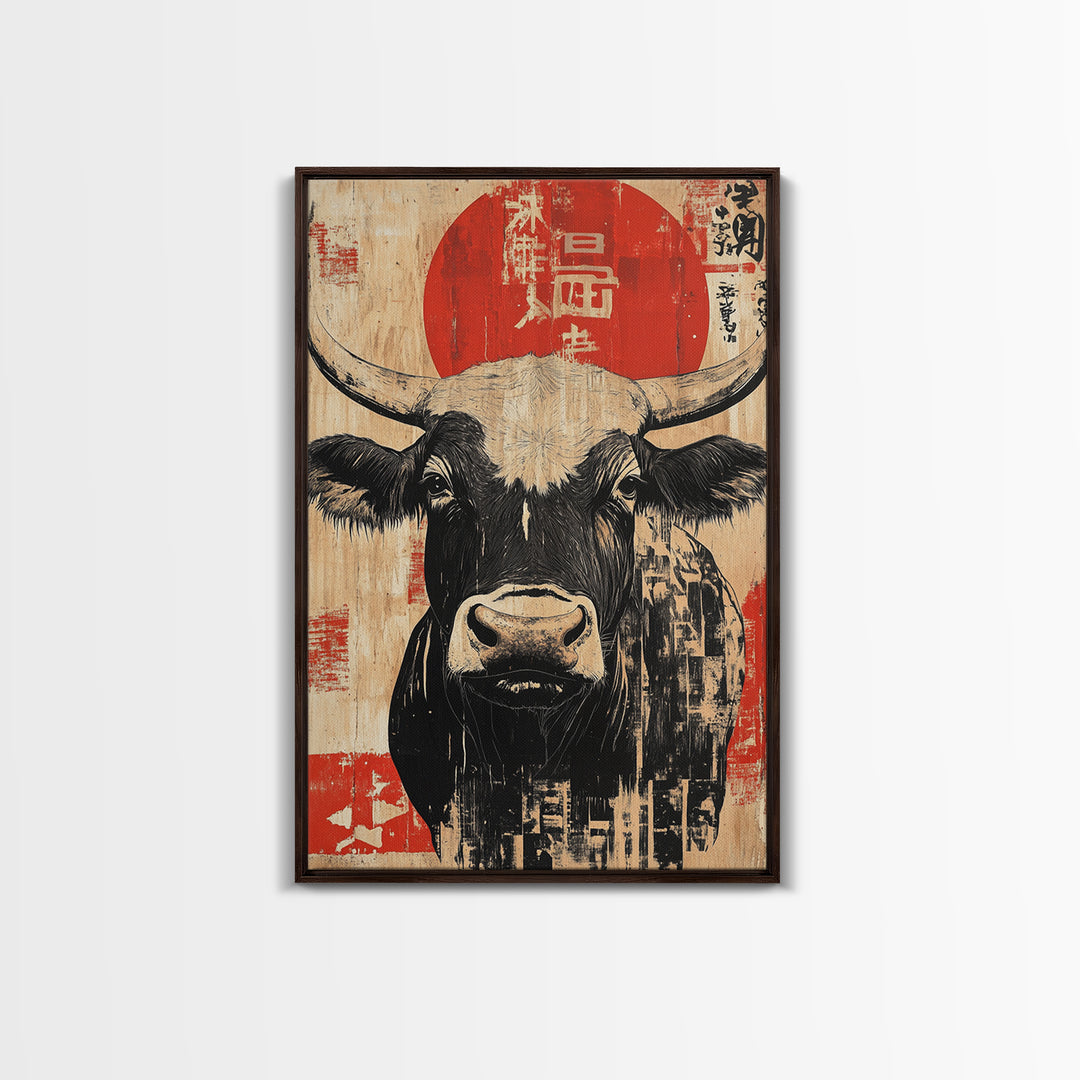 Black And White Bull With Red Sun Wall Art, Japanese Farm Animal Print, Rustic Asian Decor, Bold Kitchen Wall Decor Gift