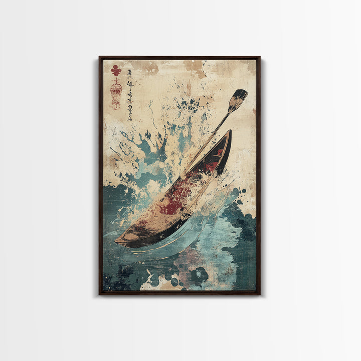 Canoe And Paddle Splash Canvas Print, Japanese Nautical Wall Art, Blue Ocean Decor, Adventure Travel Poster Gift For Coastal Home