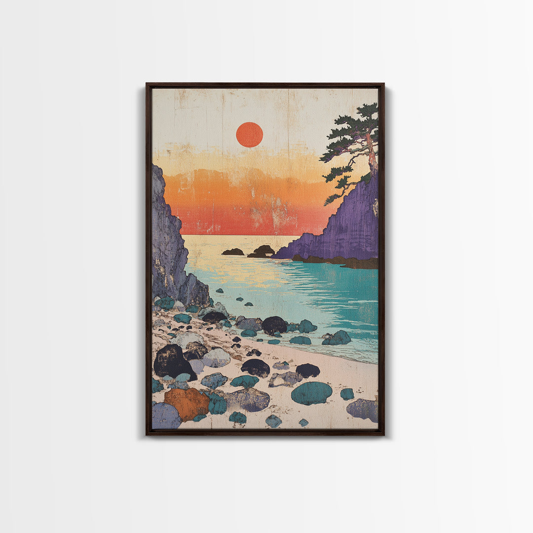 Purple Cliffs Sunset Cove Japanese Seascape Wall Art Coastal Print, Beach House Decor, Large Living Room Wall Decor Poster