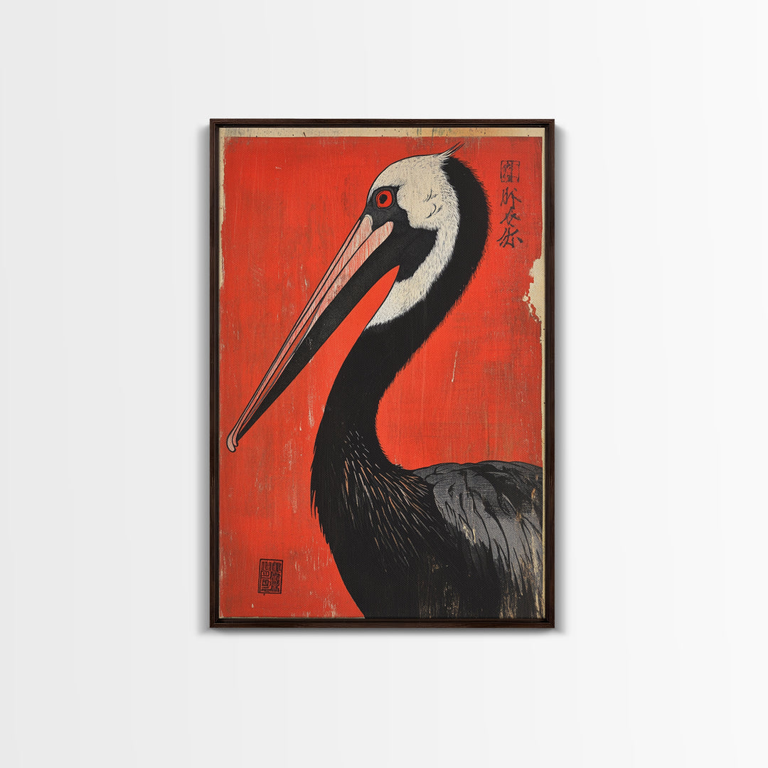 Black Necked Crane Bird On Red Japanese Canvas Print Wildlife Wall Art, Asian Decor, Bold Animal Art Poster Gift For Bird Lovers