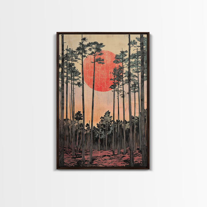 Tall Pine Forest Red Sun Japanese Landscape Wall Art, Japandi Decor, Nature Print, Large Living Room Wall Decor Poster Gift