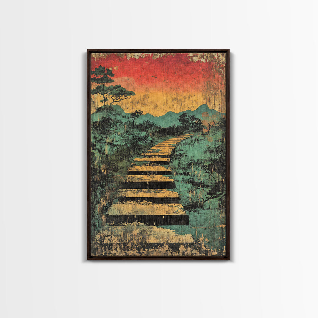 Sunset Boardwalk Through Misty Marsh Wall Art, Japanese Landscape Print, Rustic Nature Decor, Mountain Path Canvas Print