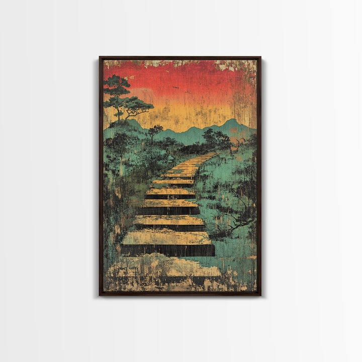 Sunset Boardwalk Through Misty Marsh Wall Art, Japanese Landscape Print, Rustic Nature Decor, Mountain Path Canvas Print