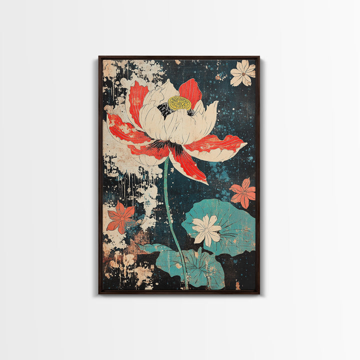Red And White Lotus Flower Wall Art, Japanese Botanical Print, Dark Floral Decor, Teal Pond Leaves, Modern Canvas Print Gift